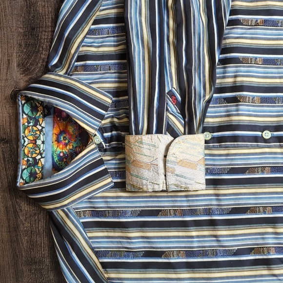 Robert Graham Striped Stained Glass Flip Cuff Embroiered Dress Shirt Size Large - Picture 1 of 10